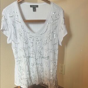 Vince Camuto White Sequin Short Sleeve Top